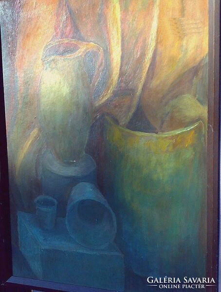 Modern painting with terracotta objects. Pastel harmony, signed
