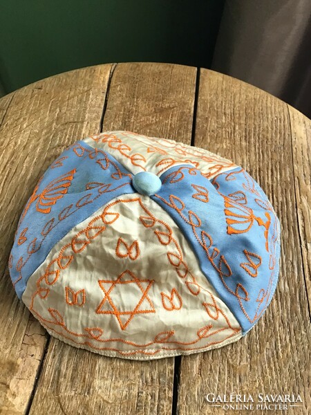 Old satin kippah with embroidered Judaica pattern