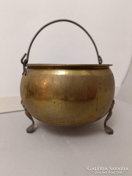 Antique kitchen brass cauldron, 3-legged copper pot, cauldron with iron handle 237 8435