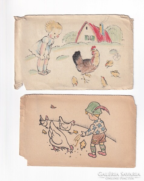 H:38 2 db kézzel rajzolt antik Üdvözlő képeslap 1920-45