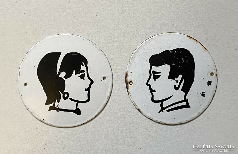 Girl and boy toilet symbol painted burnt retro enamel sign in pair 10.5 cm