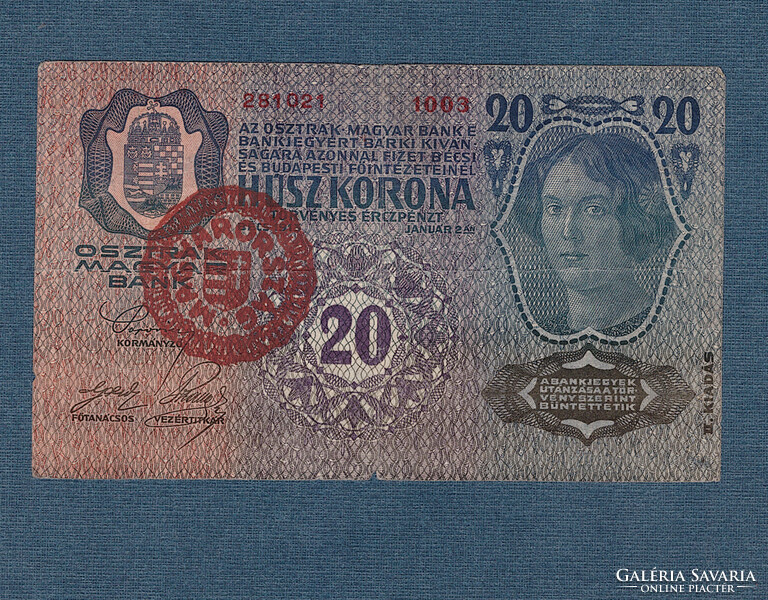 20 Korona 1913 II Kiadás Magyarország felülbélyegzéssel