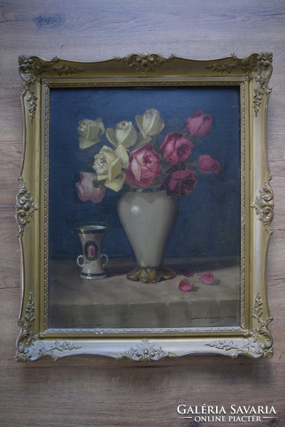 Dobay Ferenc (1867-1945) restaurált Csendélet - olajfestmény, dekoratív blondel keretben
