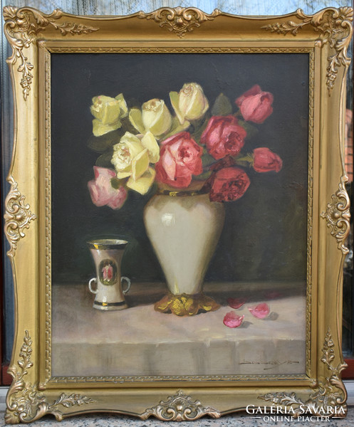 Ferenc Dobay (1867-1945) restored still life - oil painting, in a decorative blondel frame