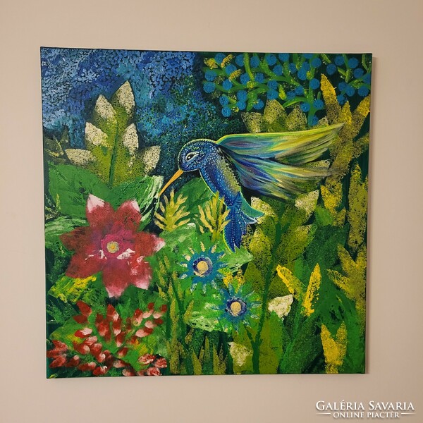 Kolibri - Círová Markéta dél-morva festőművész akrilképe, 70x70cm-es vásznon