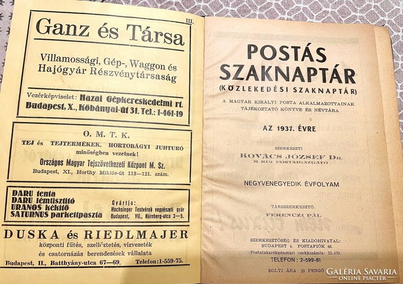 Dr. József Kovács: postman's professional calendar 1937. I-ii. Volume - antique book