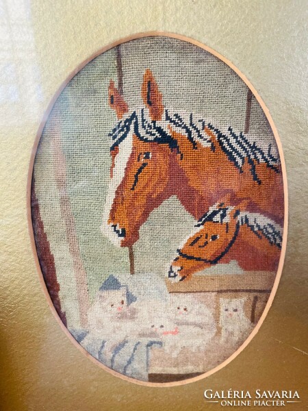 Goblein antik kép: lovak cicákkal