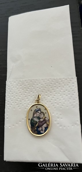 Golden Virgin Mary pendant, fire enamel, porcelain