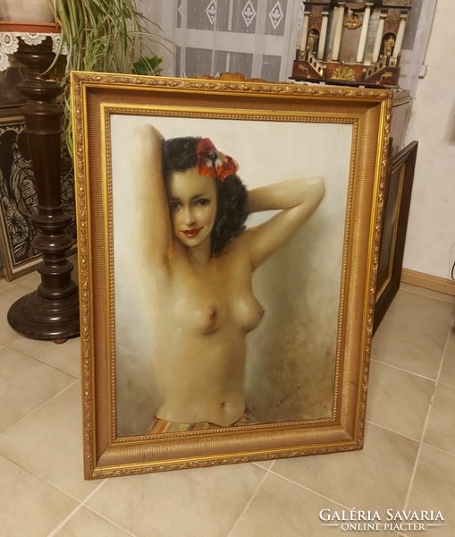 Antique female half-naked painting by Attila Demjén!