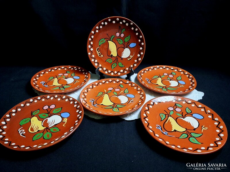 6 Hódmezővásárhely ceramic breakfast plates with fruit pattern
