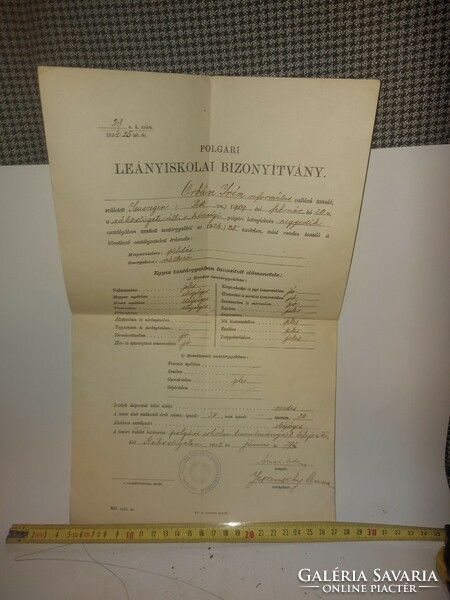 Rákosliget civil girls' school certificate, 1925.
