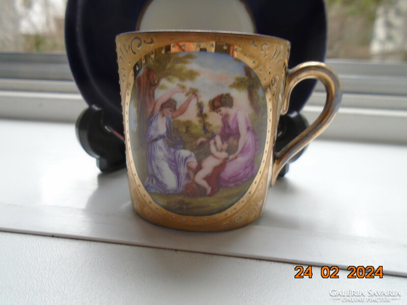 Altwien cobalt-gold mocha cup with coaster, mythological scene