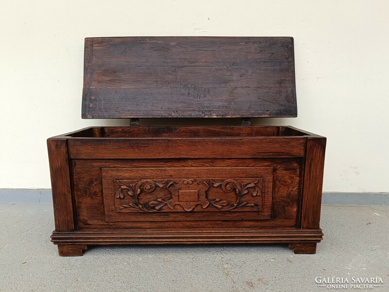 Antique carved wooden open top hardwood chest with iron fittings 231 8447