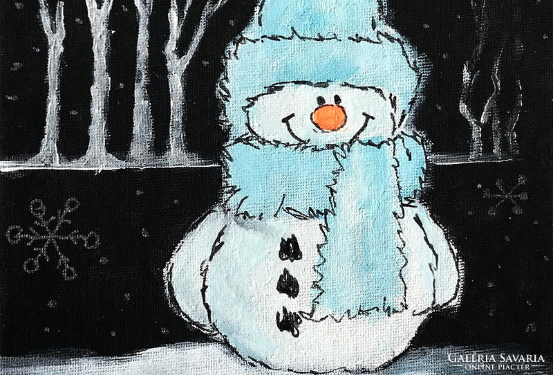 Vidám hóember - sötétben világító akrilfestmény - glow in the dark - 24 x 18 centi