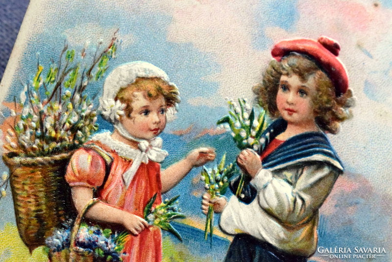 Antik dombornyomott Húsvéti üdvözlő képeslap  gyerekek  1909ből