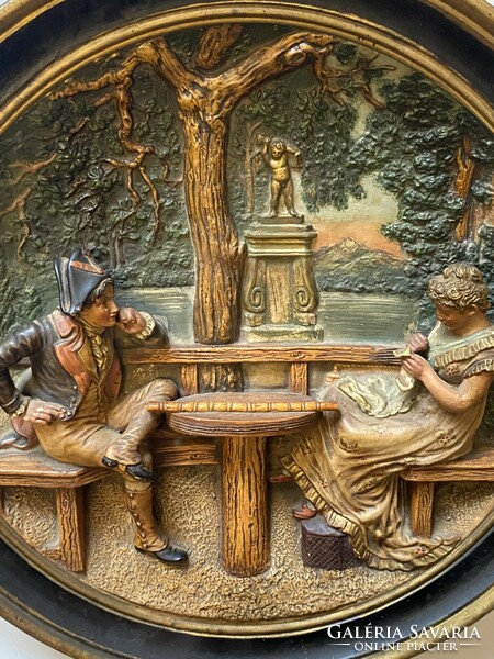 Johann Maresch 1860 Antique Painted Austrian Biedermeier Ceramic Wall Plate with Courtship Scene