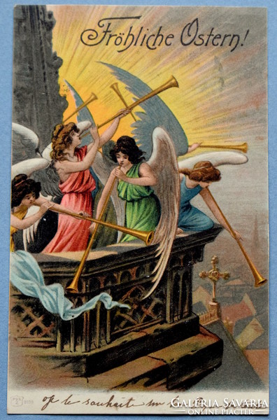 Antik Húsvéti  litho üdvözlő képeslap  arangtoronyban harsonázó angyalok   1902ből