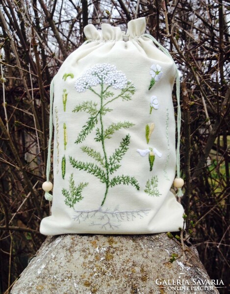 Embroidered herbal bag with yarrow pattern