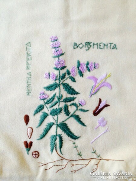 Embroidered herbal bag with peppermint pattern