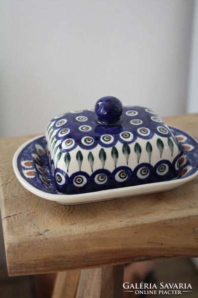 Wonderful hand painted blue ceramic butter dish - beautiful flawless
