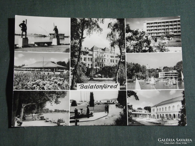 Postcard, Balatonfüred, mosaic details, heart hospital, Révés fisherman statue, promenade, restaurant, hotel
