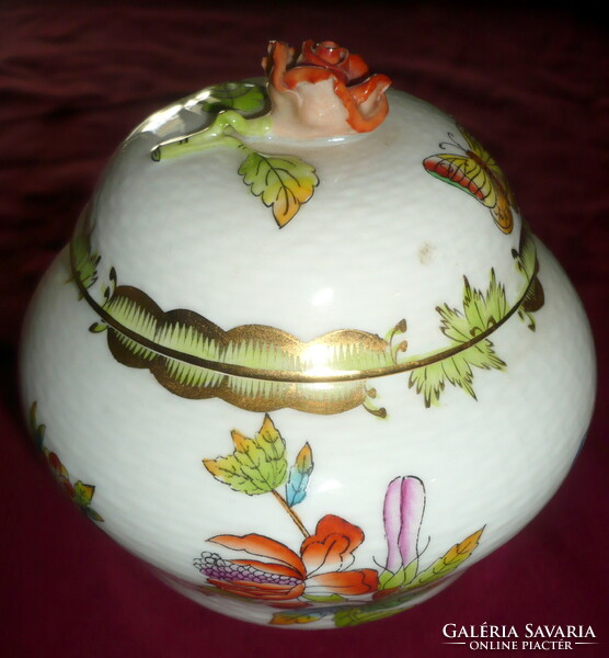 Viktória mintás Herendi porcelán bonbonier, cukortartó, 11,5x11,5 cm