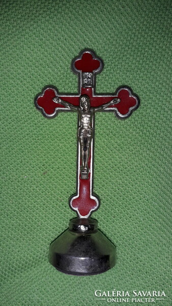 Old steel red fire-enamelled small table cross crucifix corpus 7 cm according to the pictures