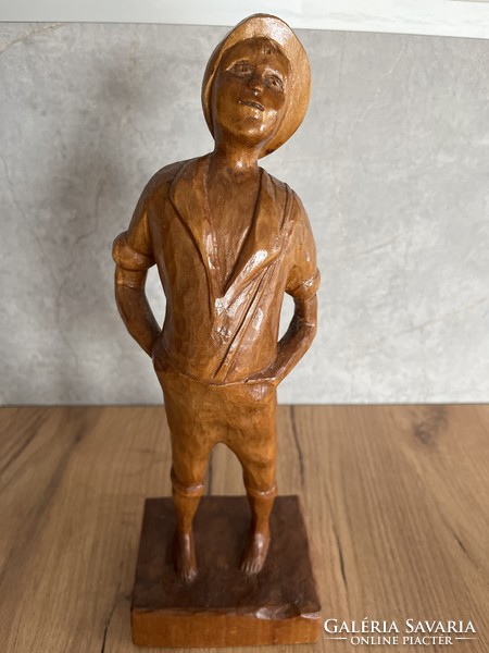 Boy carved lacquered wooden statue 36 cm