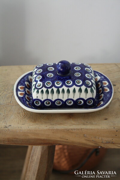 Wonderful hand painted blue ceramic butter dish - beautiful flawless