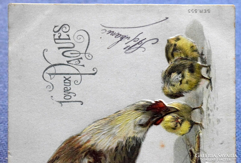 Antik dombornyomott Húsvéti üdvözlő képeslap  tyúk csibék