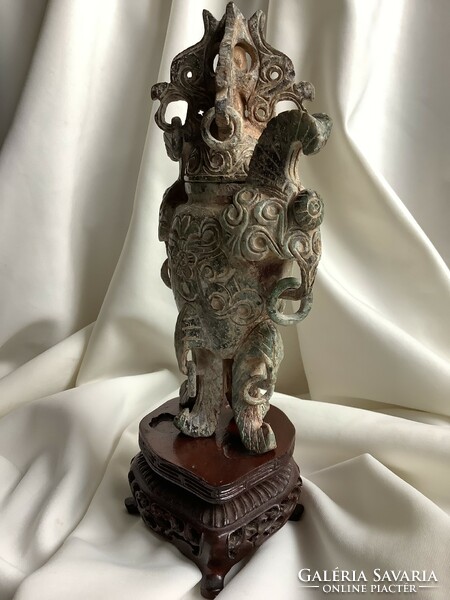 Kínai Jade edény váza füstölő faragott sárkány fedeles urna Oroszlán foo kutya kézműves buddhista