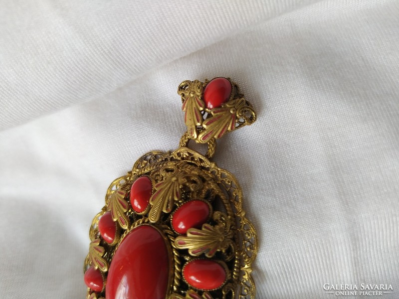 Beautiful large antique pendant with red coral/glass stones