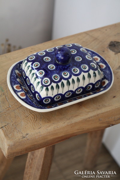 Wonderful hand painted blue ceramic butter dish - beautiful flawless