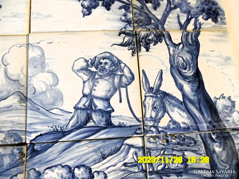 Don Quijote harca a szélmalommal,  azulejo, kézzel festett csempekép 75 x 45 cm