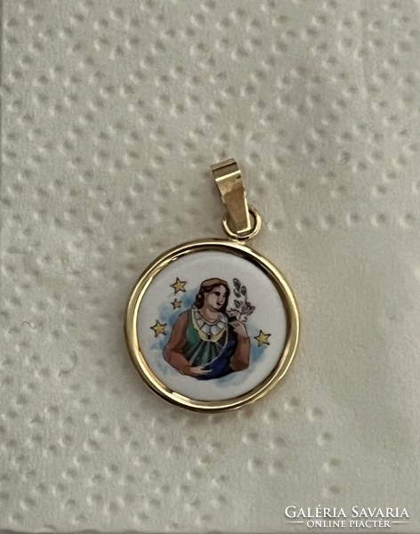 Gold horoscope pendant, Virgo star sign, fire enamel