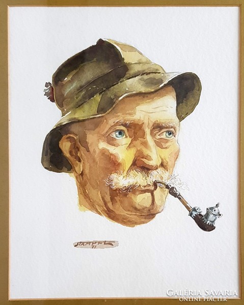 Old man smoking a pipe marked portrait watercolor painting