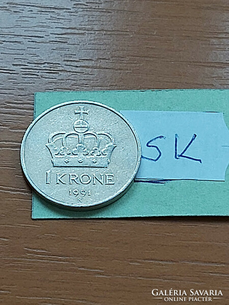 Norway 1 kroner 1991 copper-nickel, v.King Olav sk