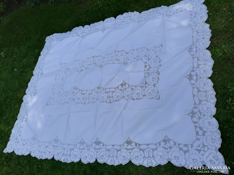 Beautiful old azure-plated large table cloth 200 x 160 cm