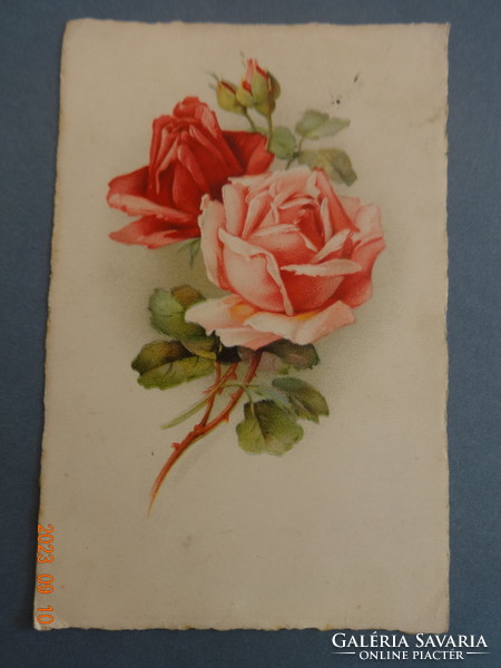 Régi, antik grafikus virágos üdvözlő képeslap, rózsák (1928)