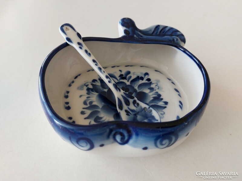 Russian folk ceramic apple-shaped bowl with spoon, blue and white offering