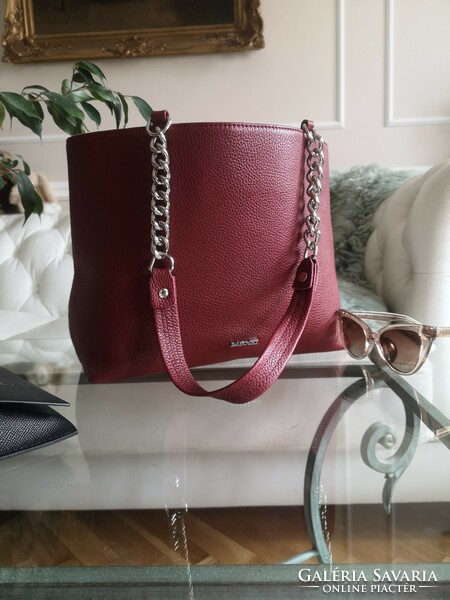 Lasocki large leather bag 38 x 22 x 10 cm burgundy, silver chain