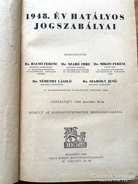 Dr. Ferenc Bacsó: Legislation in force in 1948 - antique law book - still published by grill