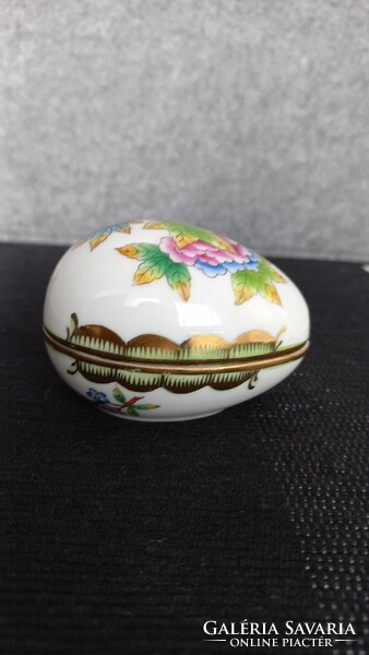 Herendi Viktória mintás tojás alakú porcelán bonbonier, kézi festésű, aranyozott
