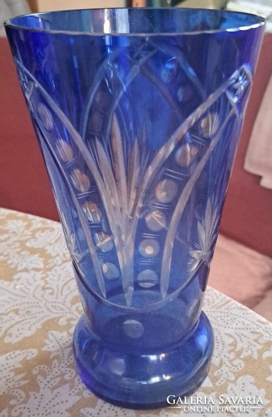 Etched, polished blue glass vase