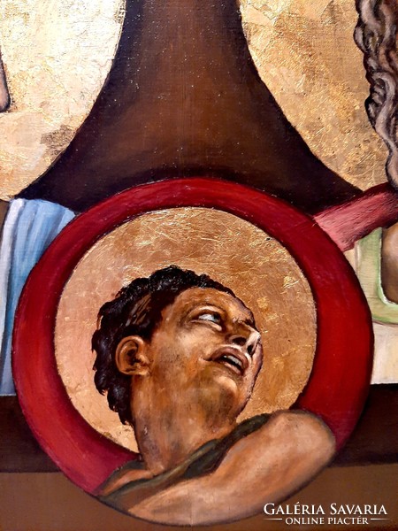 Fára festett Szent Ikon Szentekkel , laparanyozva  53,5 cm x 43,5 cm