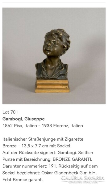 Giuseppe Gambogi (1862-1938) - antik bronz szobor, fiú portré. Csak 1 hétig aukción.