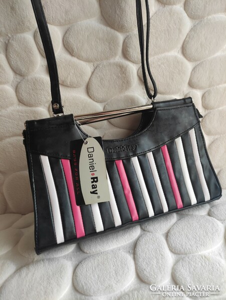 Daniel ray black white magenta pink striped women's leather bag / brand new