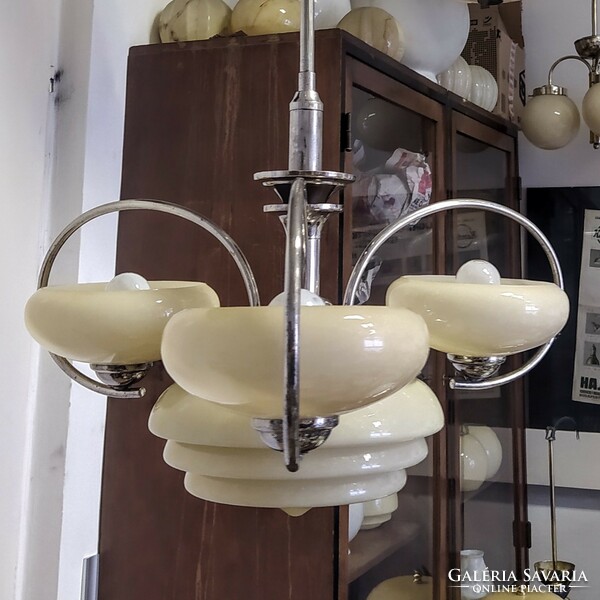 Art deco - streamlined 4-burner nickel-plated chandelier renovated - cream shades