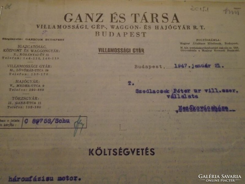 Za492.340 Ganz et al. - Péter Szedlacsek - Mezőkovácszáza 1947 - Electricity trade letter