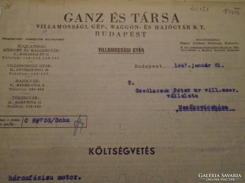 ZA492.340 GANZ és Társa  - Szedlacsek Péter - Mezőkovácsháza  1947 - villamossági kereskedelmi levél